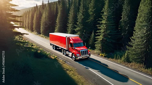 Red Freight Truck Driving on a Scenic Highway Surrounded by Dense Pine Forest During Golden Hour

 photo