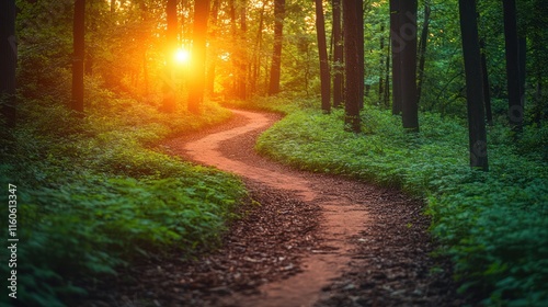 Winding forest path at sunset.