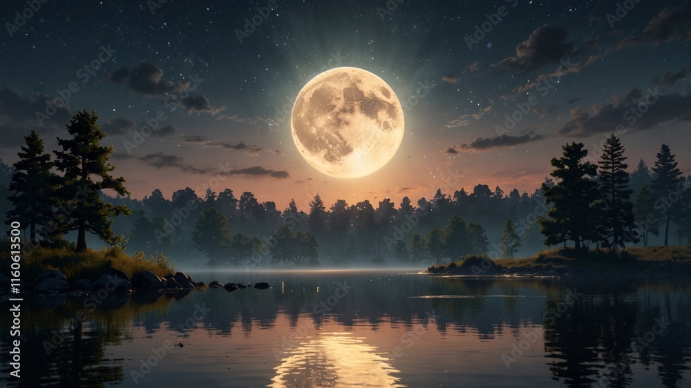 A serene night landscape featuring a full moon reflecting on a calm lake surrounded by a dark forest. A serene night landscape featuring a full moon reflecting on a calm lake surrounded by a dark forest.