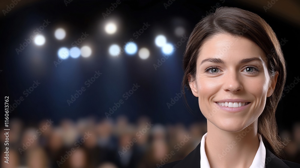 Obraz premium Confident Woman Smiling, Close-Up Photo at Event. AI Generated