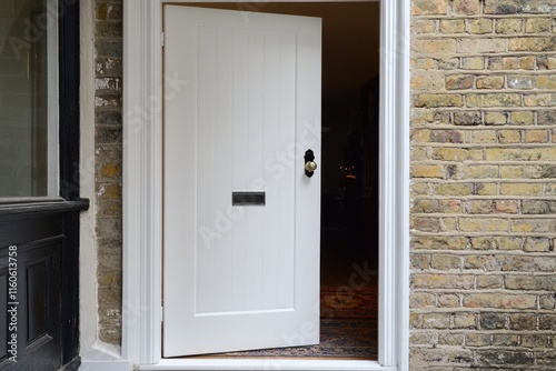 Open door on a brick building facade with a modern style photo