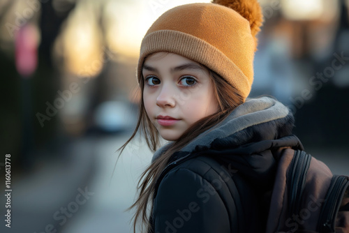 A young girl wearing a yellow beanie and a winter coat walking outdoors with a backpack, glancing back with a thoughtful expression.