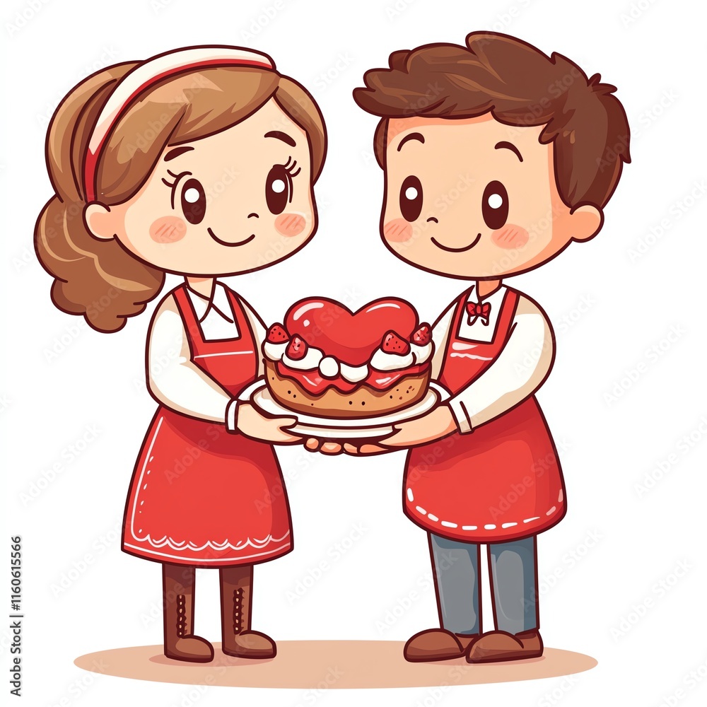 Couple holding heart-shaped cake, smiling, with red aprons on white background. Couple holding heart-shaped cake, smiling, with red aprons on white background.