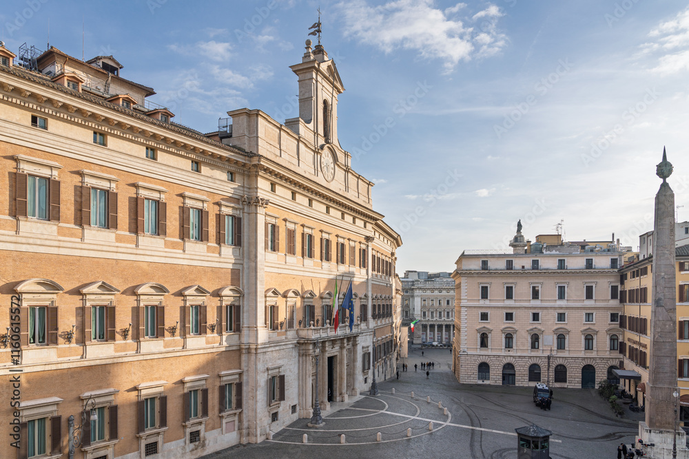 Fototapeta premium Historic government building and obelisk on a sunny day in Rome