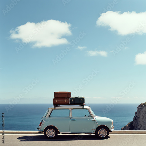 a small mini vintage car parked by seaside with luggage on roof, evoking sense of adventure and travel. clear blue sky and ocean create serene backdrop