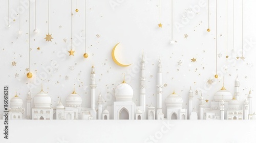 Minimalist Ramadan Kareem illustration with golden mosques and crescent.