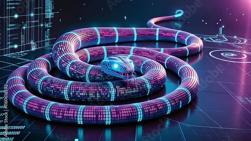 Futuristic Neon Snake with Digital Patterns on a High-Tech Background Highlighting Cybernetic Design

 photo