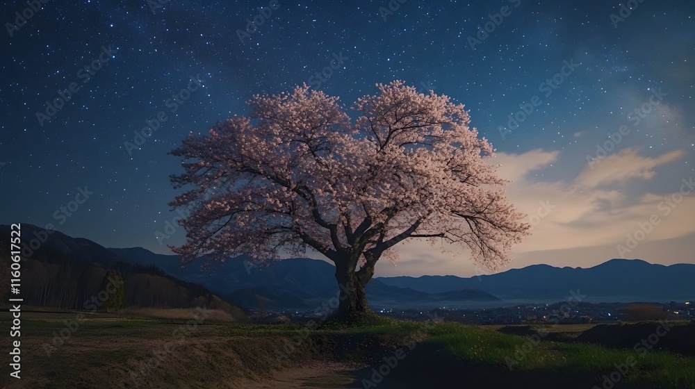 A magnificent and beautiful cherry blossom tree standing alone, with a beautiful view of the stars in the night sky A magnificent and beautiful cherry blossom tree standing alone, with a beautiful view of the stars in the night sky
