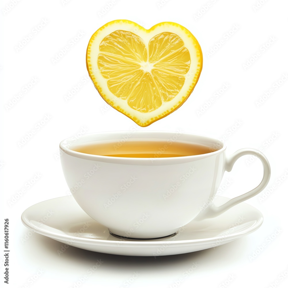 Cup of tea with a heart-shaped lemon slice above, white isolate background. Cup of tea with a heart-shaped lemon slice above, white isolate background.