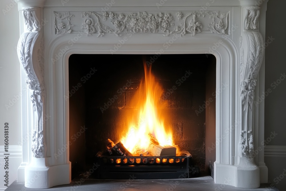 A warm and cozy scene of a fireplace with flames burning brightly, suitable for winter or holiday themes A warm and cozy scene of a fireplace with flames burning brightly, suitable for winter or holiday themes
