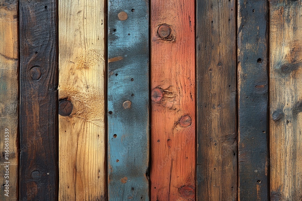 A detailed view of a wooden wall with various colors and textures A detailed view of a wooden wall with various colors and textures