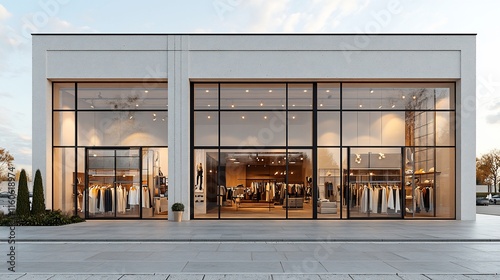 Modern retail store exterior with large glass windows showcasing clothing displays.