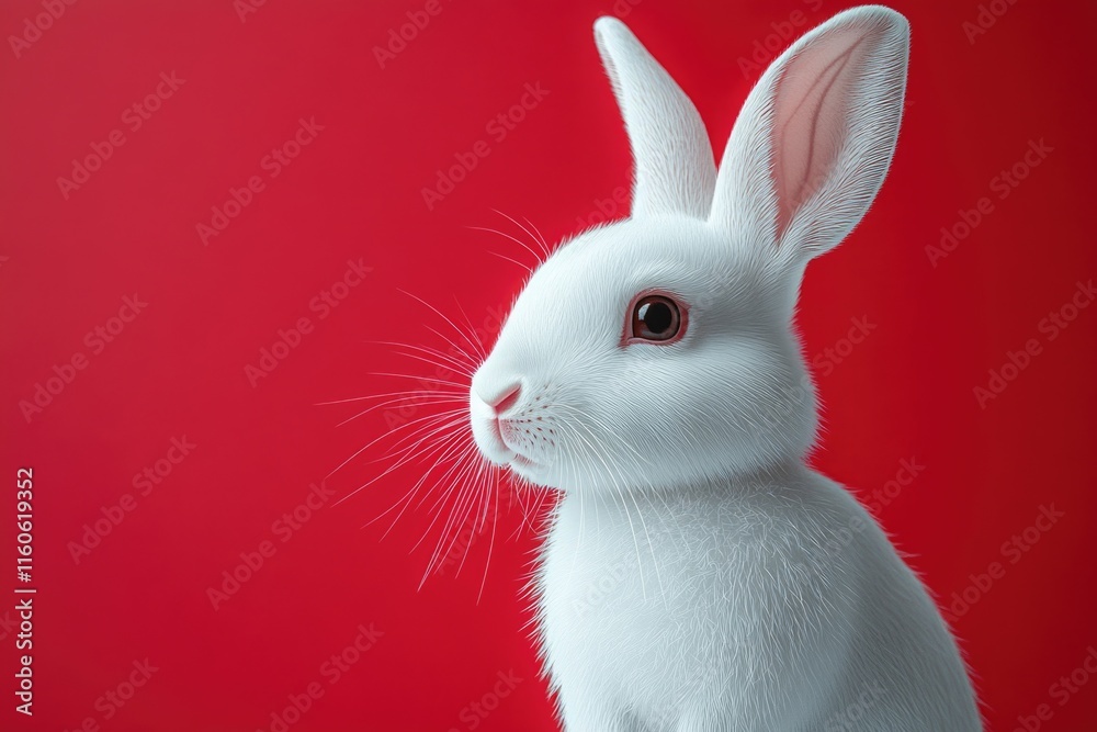 Obraz premium A white rabbit perched on a bright red surface