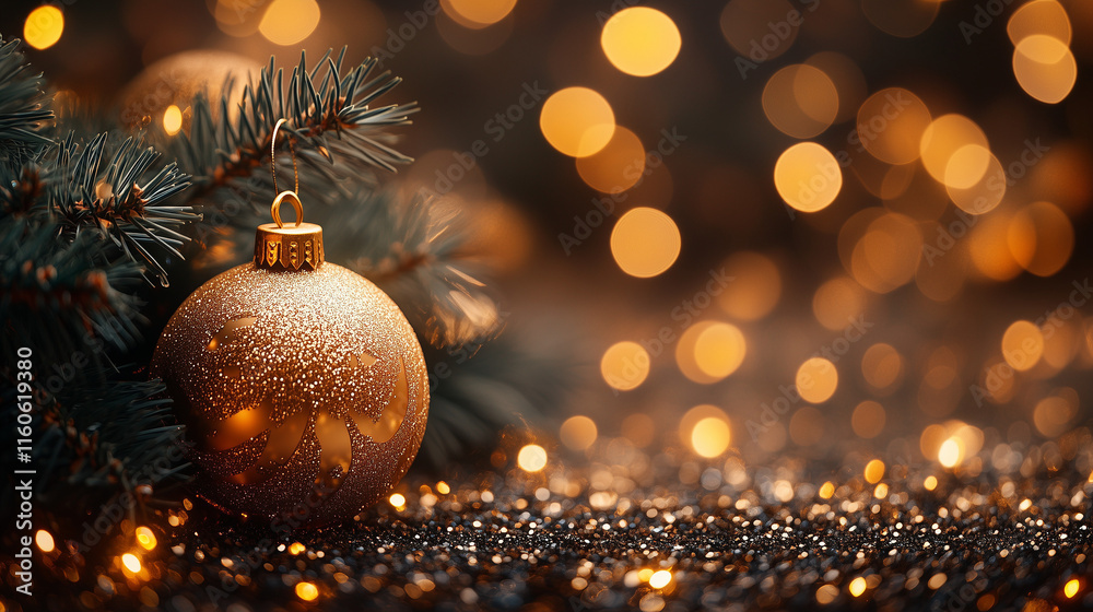 Golden Christmas Ornament on Pine Branch with Warm Bokeh Lights for Festive Holiday Themes Golden Christmas Ornament on Pine Branch with Warm Bokeh Lights for Festive Holiday Themes