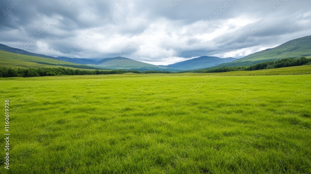 Expansive green meadow under a cloudy sky in a mountainous landscape during daytime Expansive green meadow under a cloudy sky in a mountainous landscape during daytime