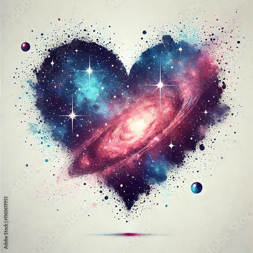 Heart with a watercolor galaxy blend on blank white backgroundHeart with a watercolor galaxy blend on blank white background. Generative AI photo