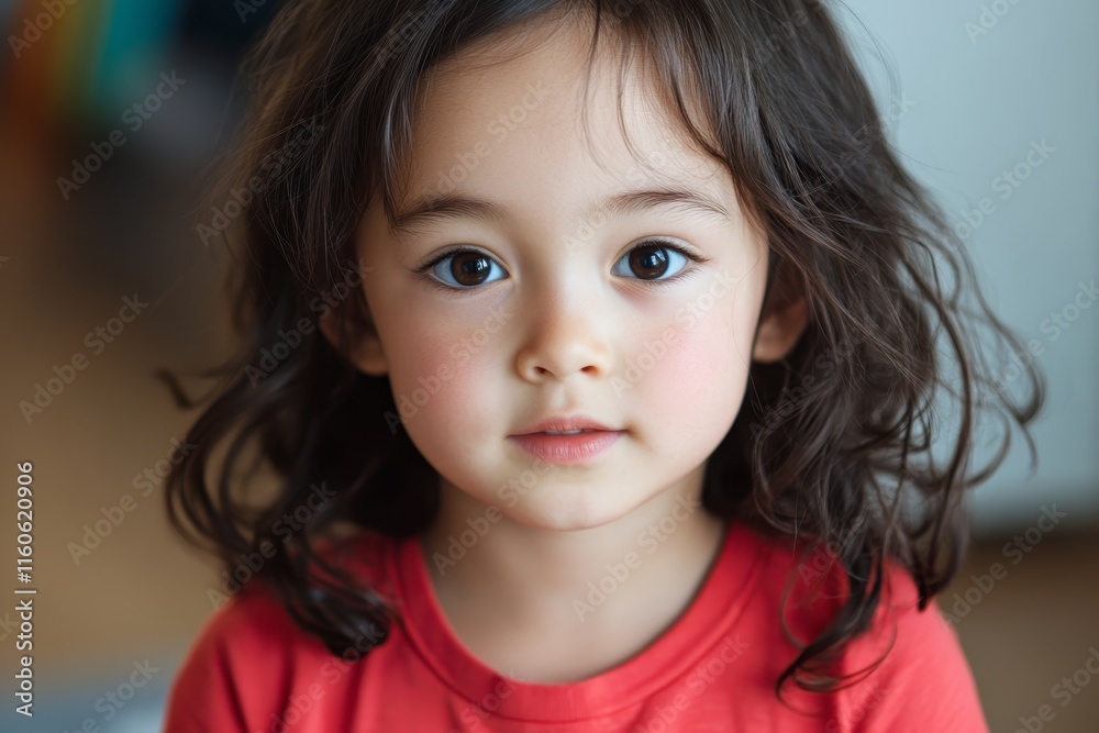 Young asian child with curly hair in red shirt gazes thoughtfully while sitting indoors during afternoon light Young asian child with curly hair in red shirt gazes thoughtfully while sitting indoors during afternoon light