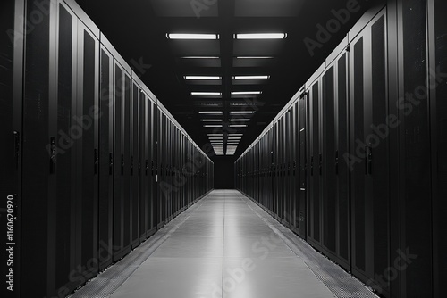 A long corridor within a data center features rows of black server racks on either side, illuminated by modern overhead lights, creating a sleek, technological atmosphere at night.