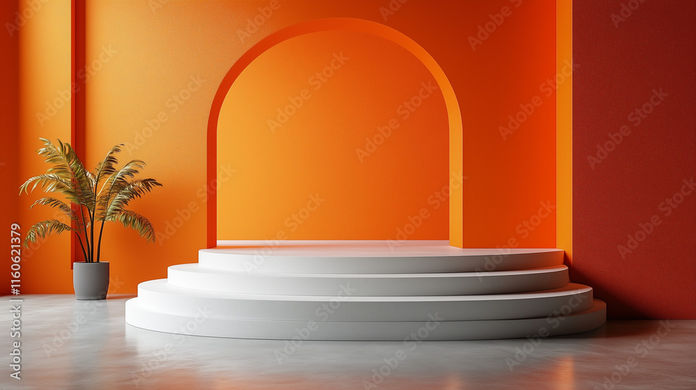 White Podium in Front of Orange Studio Background for Modern Product Display White Podium in Front of Orange Studio Background for Modern Product Display
