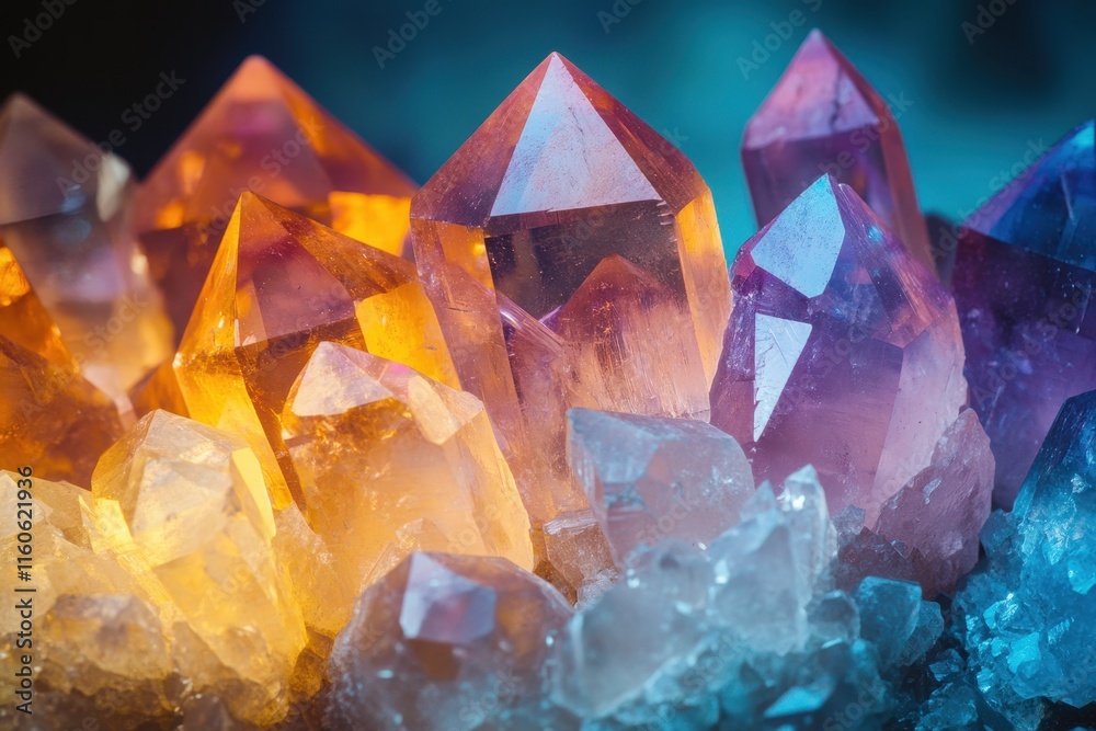 Vibrant purple, orange, and blue crystals stand out against a blurred background, showcasing their unique shapes and reflections. Vibrant purple, orange, and blue crystals stand out against a blurred background, showcasing their unique shapes and reflections.
