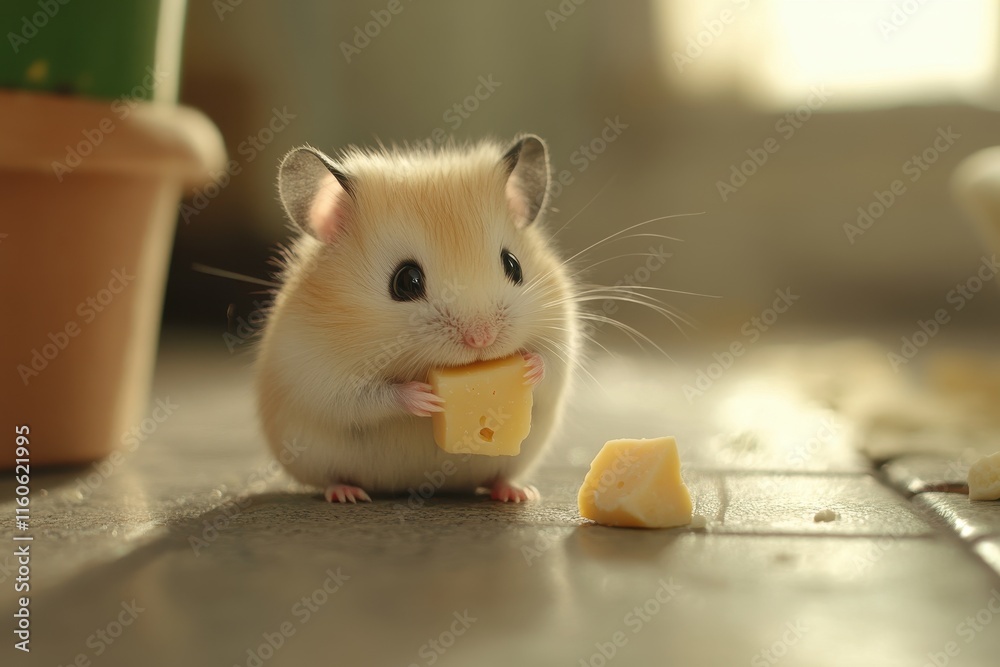 Fototapeta premium A small hamster with soft fur holds a piece of cheese while sitting on a tiled floor. Sunlight streams in, creating a warm, inviting atmosphere in the room.