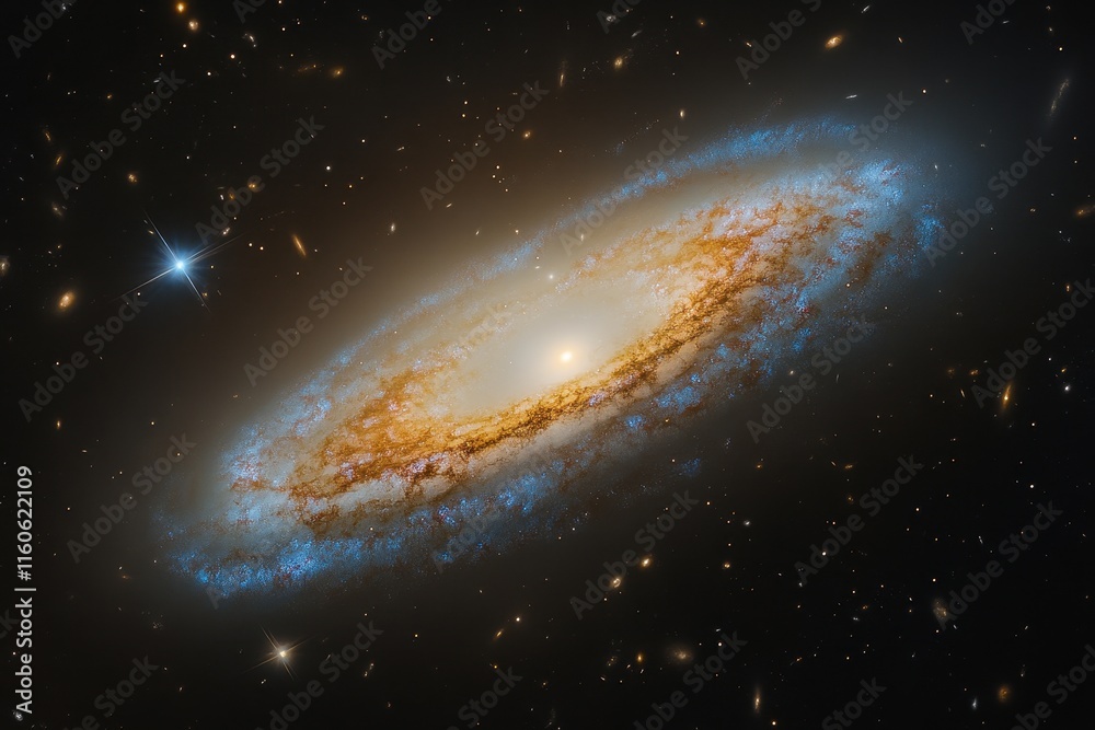 Fototapeta premium A stunning spiral galaxy reveals its detailed structure, showcasing swirling arms of gas and dust illuminated by brilliant stars against a dark backdrop of space.