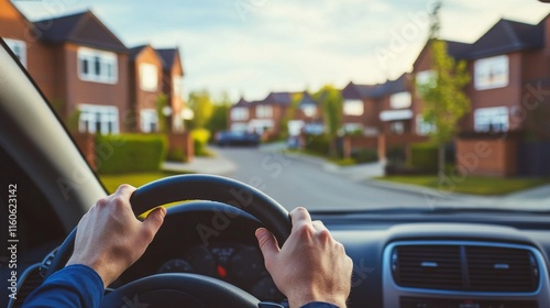 Car with squeaky brakes in a quiet neighborhood. Featuring a driver looking alarmed