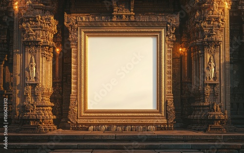 Blank white poster framed in gold, set against a backdrop of a sacred Hindu temple with intricate carvings and the light of oil lamps