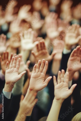 A large group of people lifting their arms up in celebration, possibly at a concert or rally photo