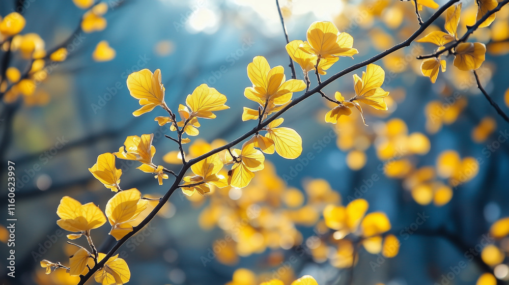 Yellow Blossoms on Tree Branches Against a Soft Blue Background for Spring and Nature Themes Yellow Blossoms on Tree Branches Against a Soft Blue Background for Spring and Nature Themes