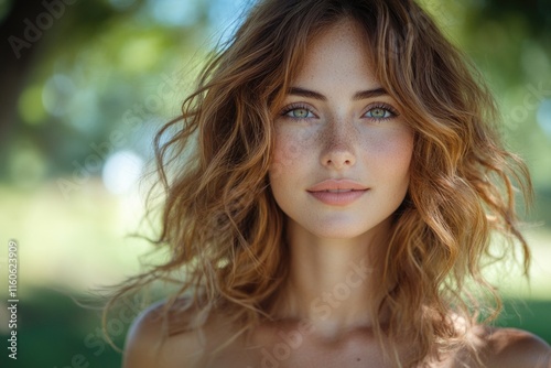 A portrait of a beautiful young woman with freckles on her face, suitable for personal or editorial use