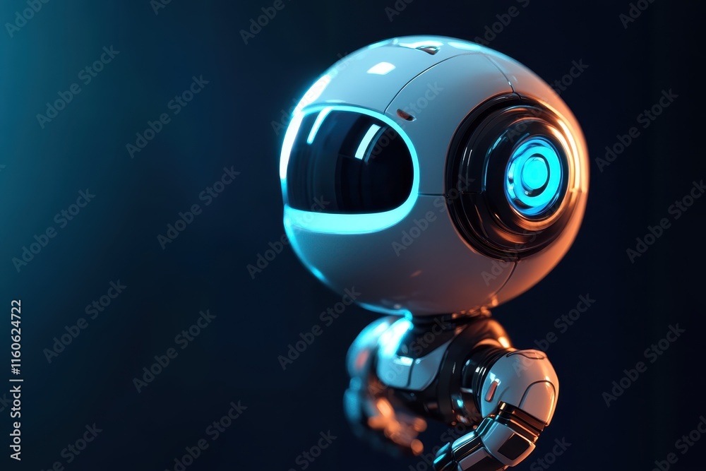 A small, round robot with a sleek design and glowing blue elements is positioned in a dark setting, emphasizing its modern technological features and innovative design. A small, round robot with a sleek design and glowing blue elements is positioned in a dark setting, emphasizing its modern technological features and innovative design.