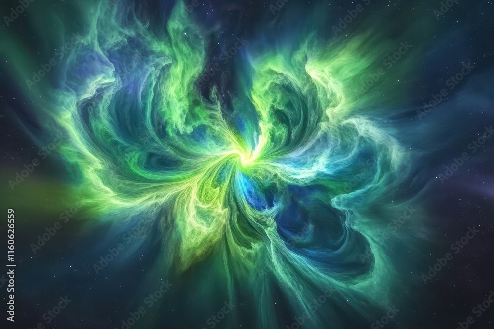 Fototapeta premium A stunning display of swirling colors unfolds in the vastness of deep space, blending shades of green and blue. This cosmic phenomenon captivates with its vibrant energy and movement.