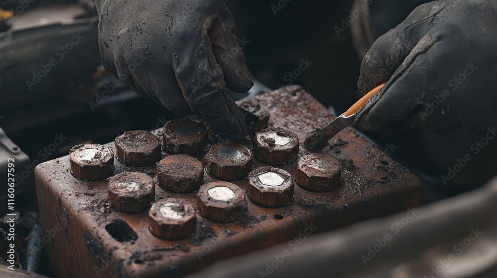 Close-up of a vehicle��s battery terminals covered in corrosion. Featuring a technician preparing to clean them Close-up of a vehicle��s battery terminals covered in corrosion. Featuring a technician preparing to clean them
