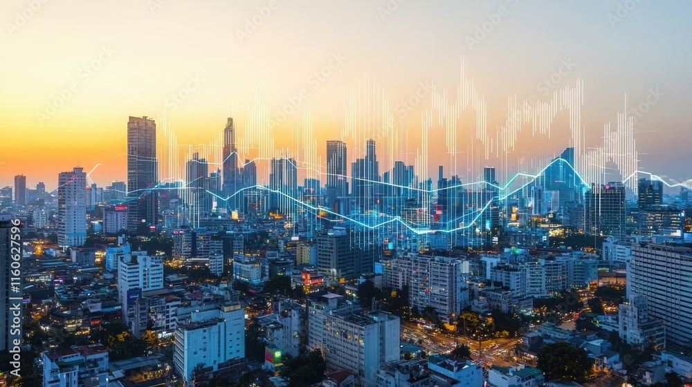 Fototapeta premium Urban Skyline with Financial Data Visualization at Sunset