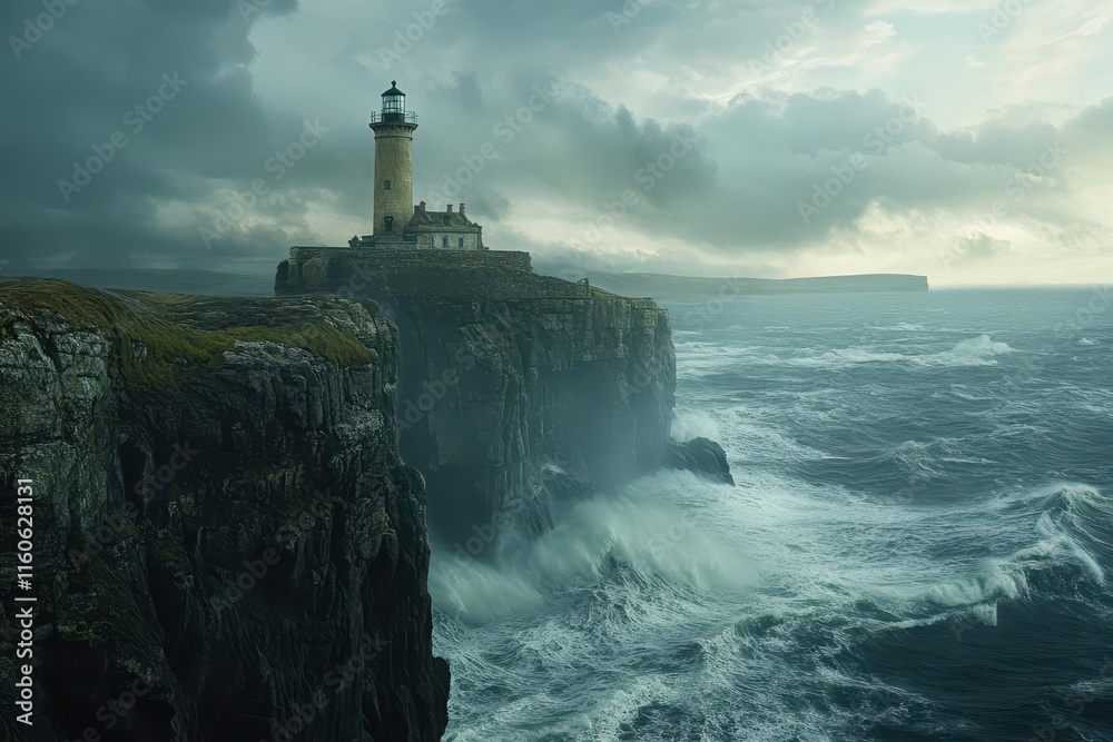 Rough waves pound against a rocky shoreline while a lighthouse overlooks the turbulent sea. Dark clouds loom ominously, creating a dramatic atmosphere on a coastal cliff. Rough waves pound against a rocky shoreline while a lighthouse overlooks the turbulent sea. Dark clouds loom ominously, creating a dramatic atmosphere on a coastal cliff.