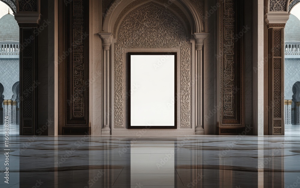 White poster framed in dark oak, displayed in front of an elegant backdrop of a mosque's grand entrance with intricate arches and calligraphy on the walls White poster framed in dark oak, displayed in front of an elegant backdrop of a mosque's grand entrance with intricate arches and calligraphy on the walls