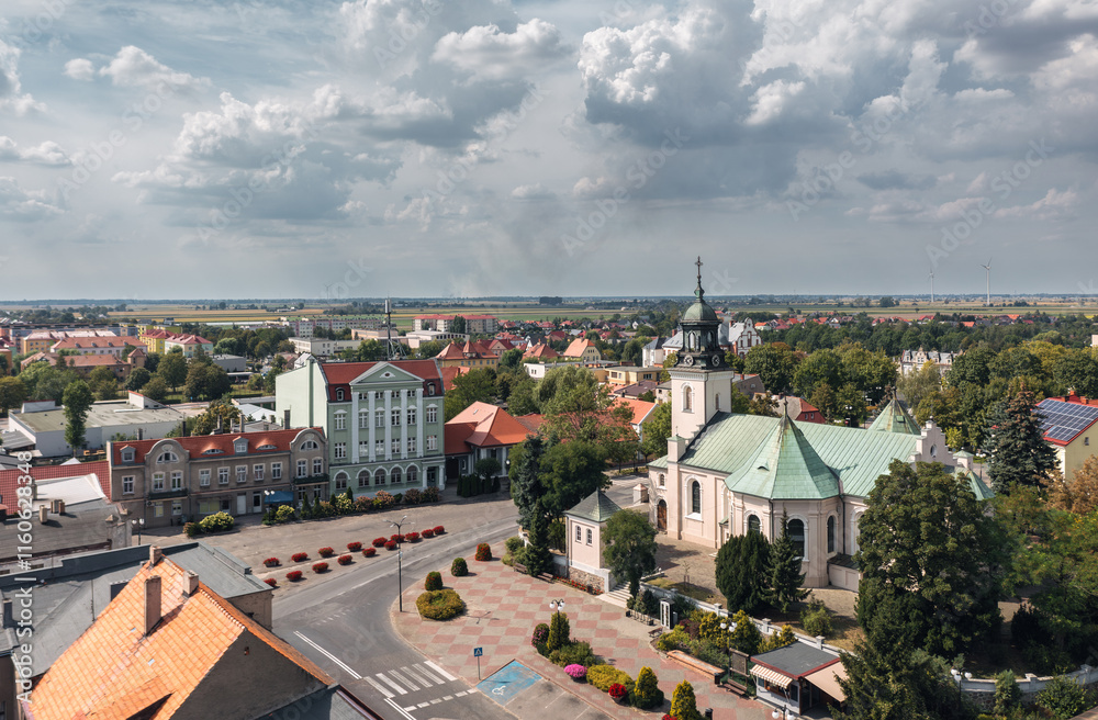 Summer skyline cityscape of Witkowo, Gniezno County, Wielkopolska, Poland. Panoramic view