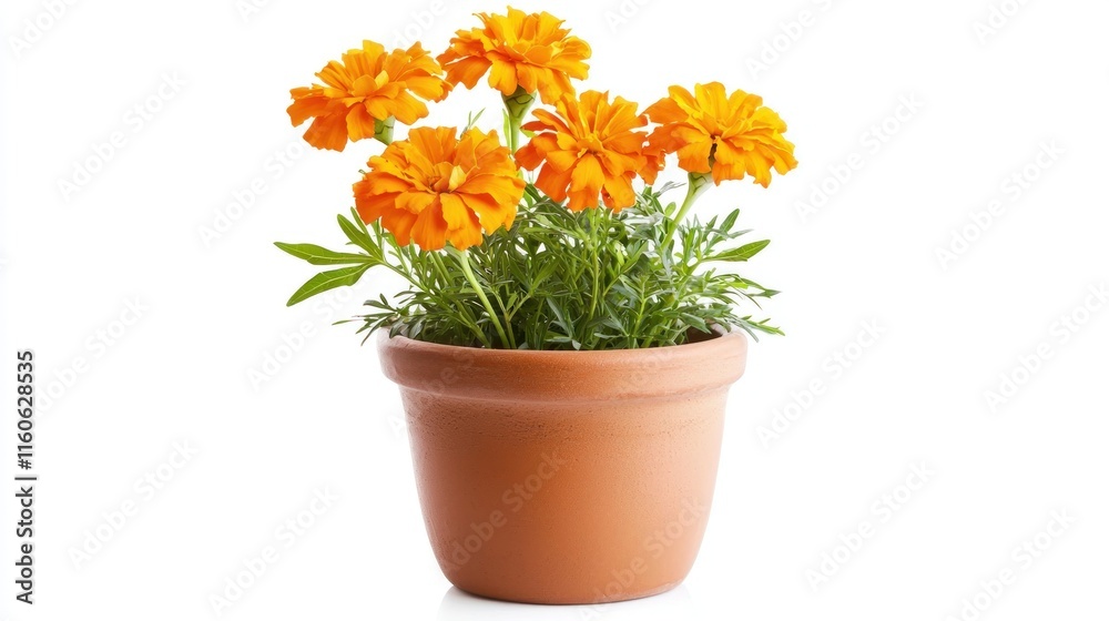A vibrant pot of orange marigold flowers in a terracotta planter. A vibrant pot of orange marigold flowers in a terracotta planter.
