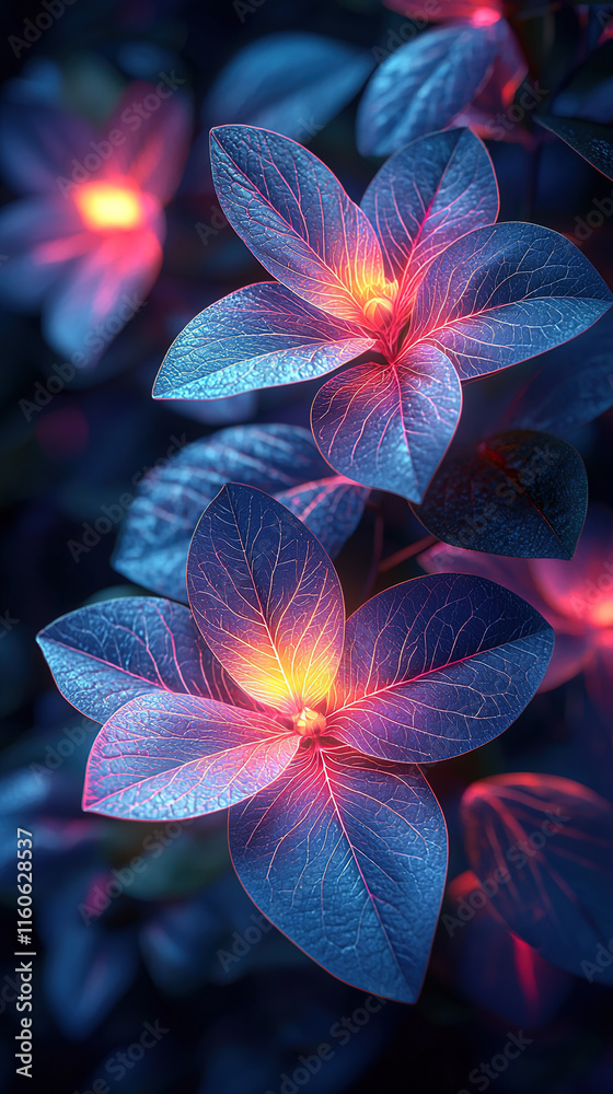 Fototapeta premium Abstract glowing neon botanical shapes like leaves and flowers in electric greens and purples, symbolizing the fusion of nature and technology in a surreal, innovative, and creative composition 