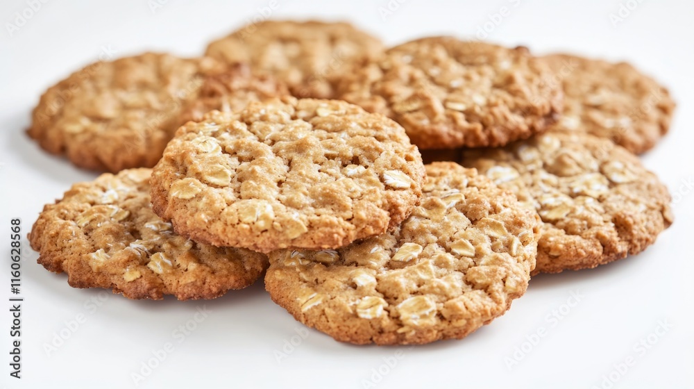 A heap of oatmeal cookies on a white surface, perfect for baking or serving A heap of oatmeal cookies on a white surface, perfect for baking or serving