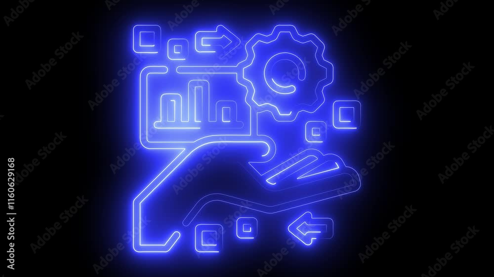Digital Asset Management icon animation by blue color neon on black background. Digital Asset Management icon animation by blue color neon on black background.