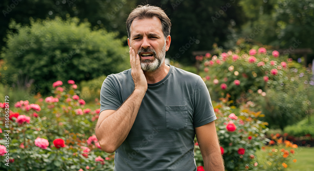 Man Experiencing Toothache in Rose Garden Outdoors Man Experiencing Toothache in Rose Garden Outdoors