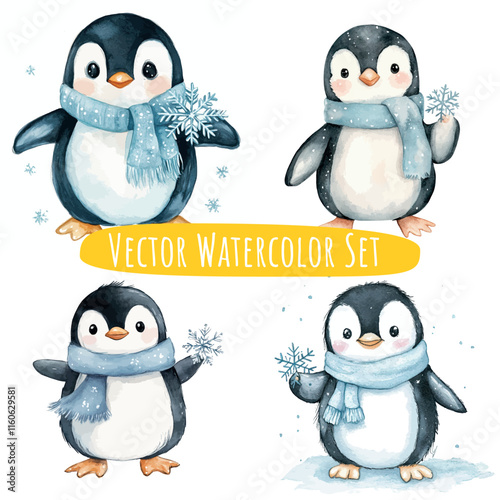 Watercolor Penguins Holding Snowflakes   Winter Set