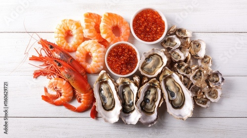 A plate of fresh seafood featuring oysters and shrimp photo