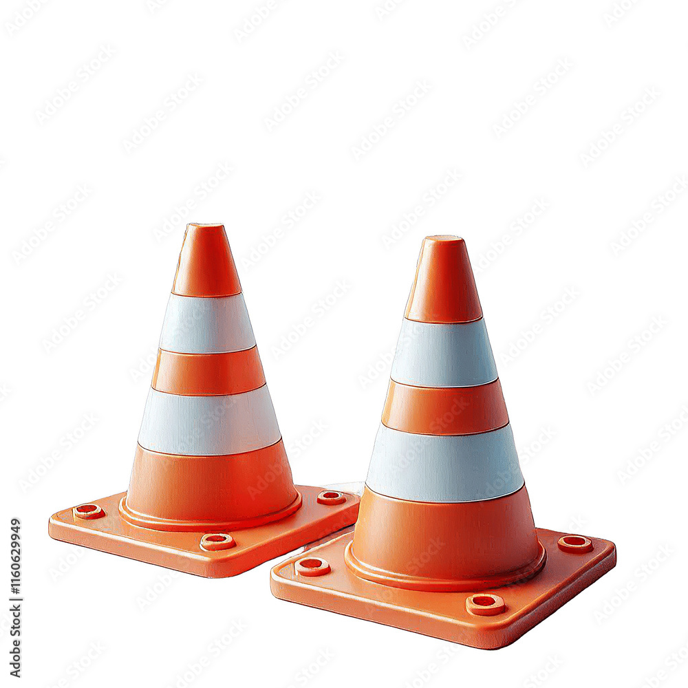 Two bright orange traffic cones with white reflective stripes are placed against a plain white background, symbolizing safety and road construction. AI generated. Two bright orange traffic cones with white reflective stripes are placed against a plain white background, symbolizing safety and road construction. AI generated.