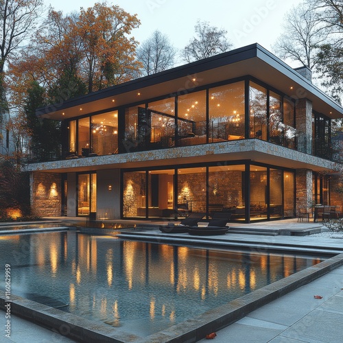 Modern house with large windows, stone exterior, and infinity pool.