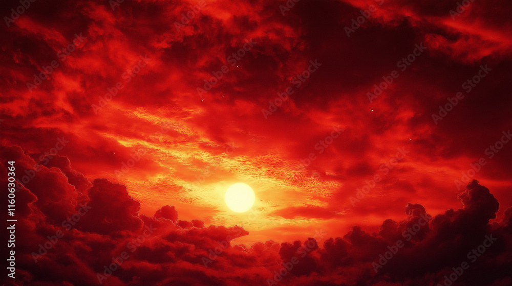 Fototapeta premium Mystical Red Horizon: Sun Illuminating the Skies