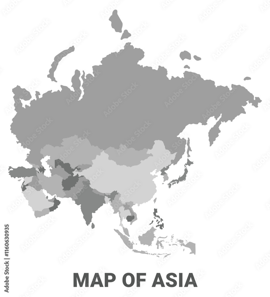 Asia Greyscale political map simple flat illustration Asia Greyscale political map simple flat illustration