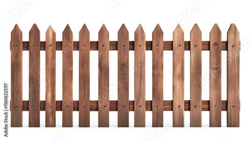 A classic brown wooden fence standing on a white background, separating objects with clean simplicity.